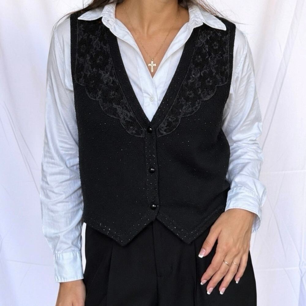 Vintage Talbots Black Beaded Lace Wool V-Neck Vest Size Large